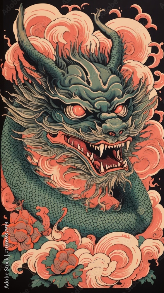 Fototapeta premium Chinese dragon drawing art representation.