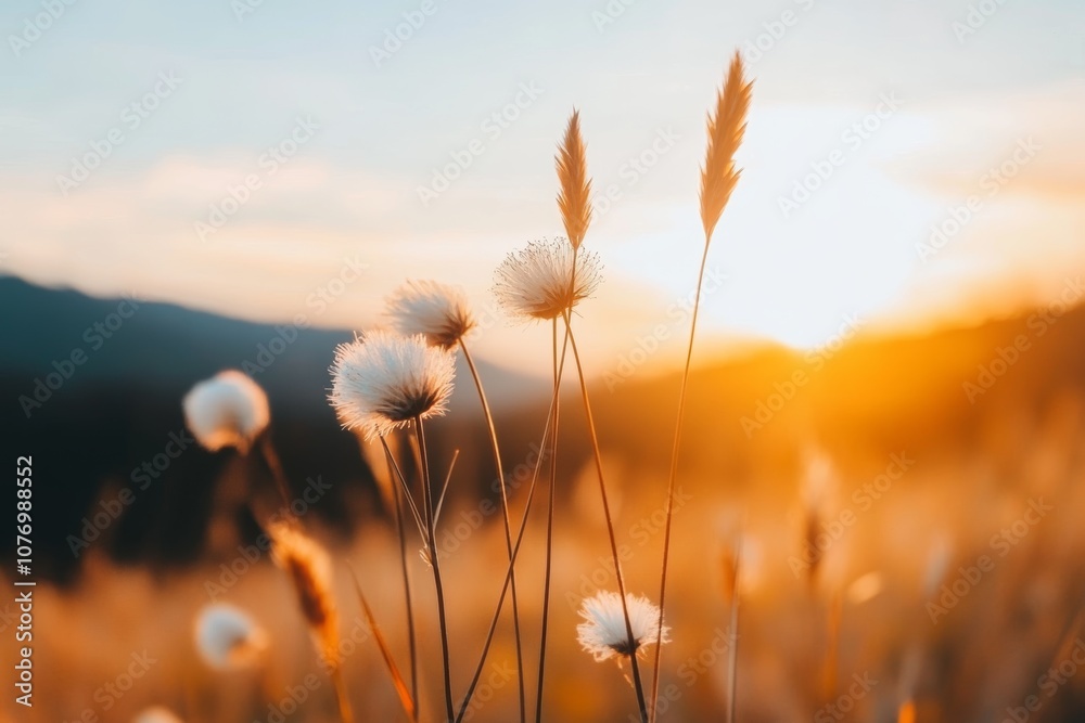 Obraz premium Golden sunset illuminating dandelions in a tranquil meadow with distant mountains and a serene sky