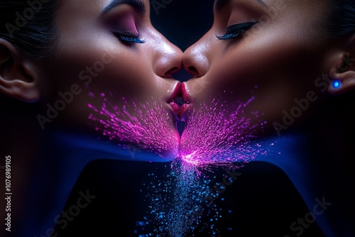 A digital kiss between two virtual avatars in a cyber world, surrounded by holographic lights and intense colors