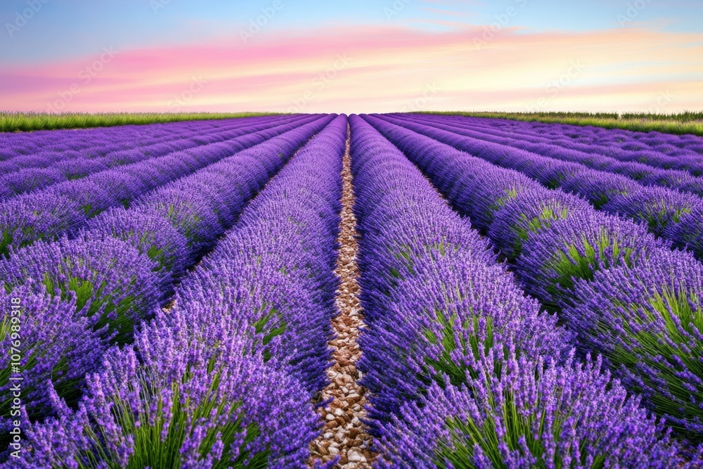 Obraz premium A field of purple lavender stretching out under a pastel pink and blue sunset sky