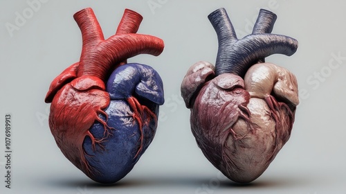 3D Comparison of Healthy and Diseased Hearts, a detailed visual aid for presentations highlighting the effects of lifestyle choices on cardiovascular health