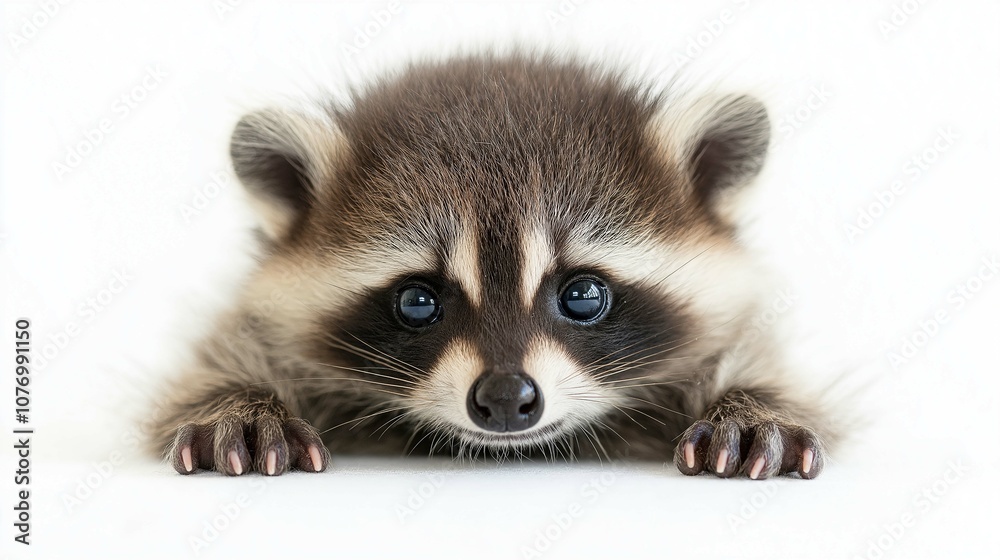 Fototapeta premium Adorable Young Raccoon with Big Eyes and Soft Fur Lying Down on White Background, Perfect for Animal Lovers and Wildlife Photography Projects