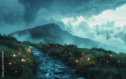 Majestic Mountain Landscape Under Starry Sky at Twilight