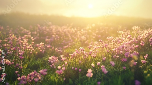 Serene Sunrise Over Vibrant Wildflower Meadow, a tranquil scene showcasing a colorful array of wildflowers bathed in gentle morning light, inviting a sense of peace and renewal. photo