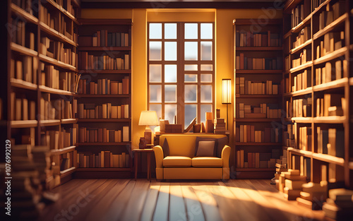 Voxel art of a cozy bookstore interior, soft yellow lighting, wooden shelves packed with books, deep shadows for warmth and realistic atmosphere