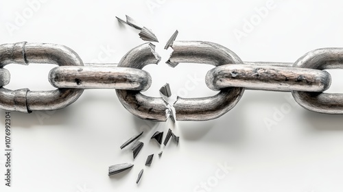A strong steel chain breaking apart at a weak link, concept of strength and fragility, isolated on white background
