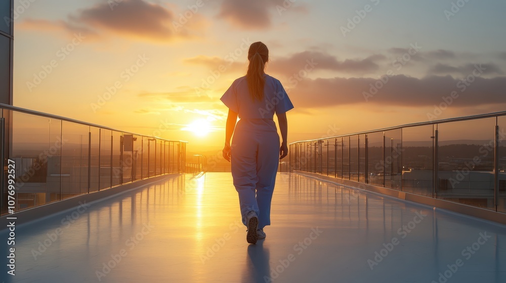 Fototapeta premium Rooftop Sunset Walk Healthcare Worker City View Peaceful Evening