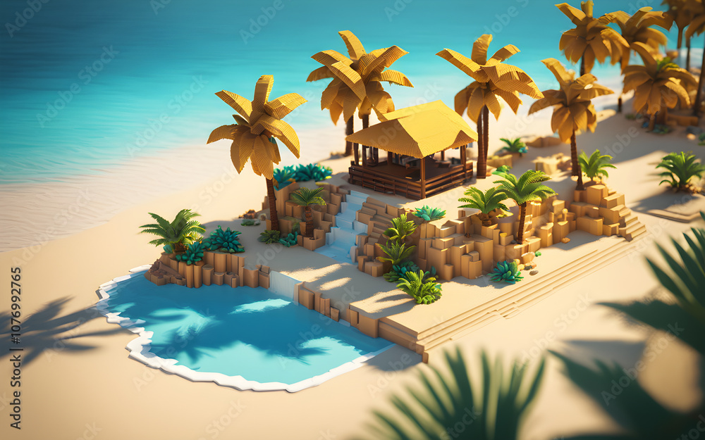 Fototapeta premium Voxel art tropical island with vibrant palm trees