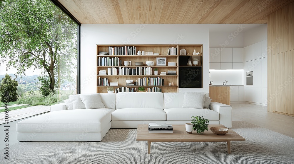 Fototapeta premium Serene Modern Living Room Oasis with White Sectional Sofa, Tranquil Outdoor View, Contemporary Design - Interior Harmony Concept