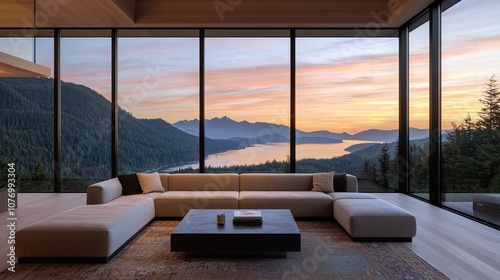 Wallpaper Mural Serenity Sunset Panoramic Mountain Lake View in Modern Living Room, Cozy Home Decor Luxurious Interior, Tranquil Evening Vibe, Relaxing Nature Connection Torontodigital.ca