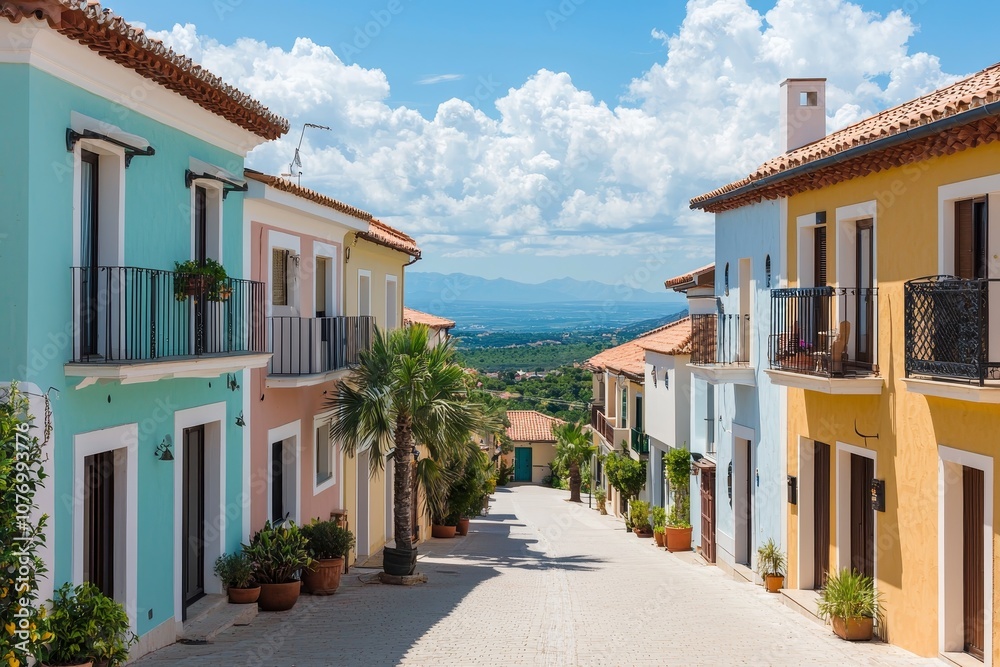 Fototapeta premium Vibrant Cobblestone Street in Quaint European Village, Sunny Day with Rolling Hills Vista