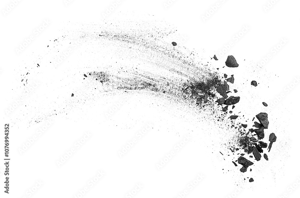 Obraz premium Top view of black charcoal particles on a white background. Activated charcoal powder for facial mask.