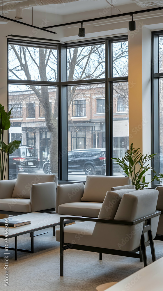 Fototapeta premium Modern waiting area with large windows overlooking a city street.