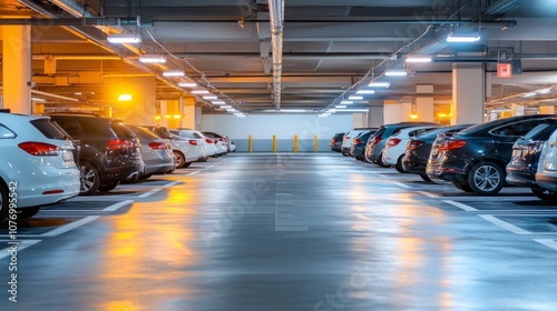 A brightly lit underground parking lot, parked vehicles arranged neatly, soft shadows creating depth