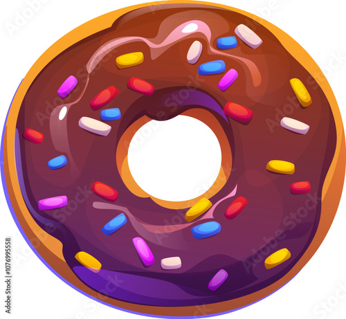 Cartoon donut, cafe sweet dessert. Sweet pastry dessert, glazed donut confectionery or cartoon vector frosted doughnut snack. Pastry dessert with chocolate glaze and sprinkles