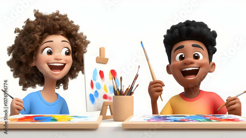 3D Candid Art Class Moment Young Couple Laughing Playfully Painting Each Other's Faces Joyful Experience Creativity Relationship Iconic Image