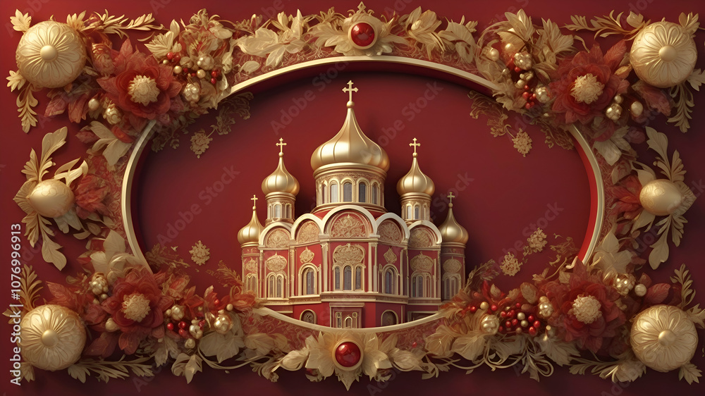 Obraz premium Russian Orthodox Christmas Background, Red and Gold Floral Motifs, Rectangular Frame, 3D Pattern with Copy-Space.