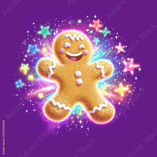 Close-up of a smiling gingerbread with stars.