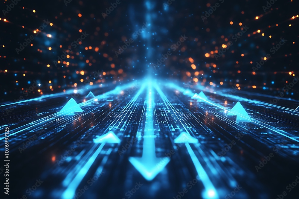 Obraz premium Futuristic raise arrow chart digital transformation abstract technology background. Big data and business growth currency stock and investment economy