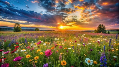 A vibrant field of wildflowers basking in the golden glow of a setting sun, with a dramatic sky painted with hues of orange, purple, and blue.