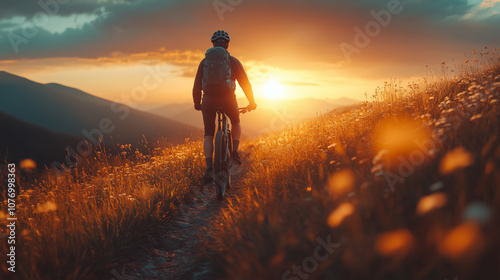 Cyclist Man Riding Electric Mountain Bike on Mountain Trail