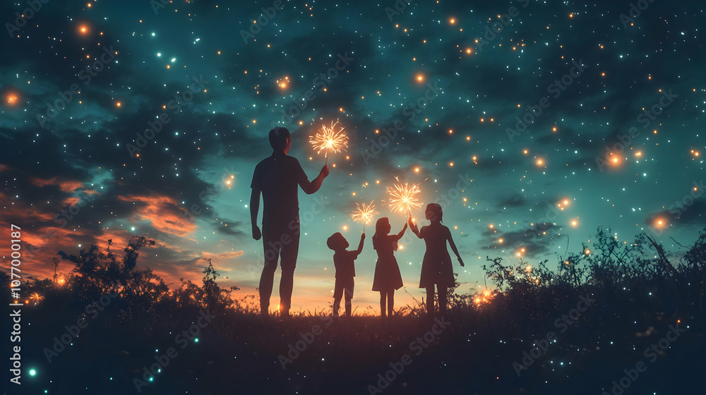 Obraz premium 3D Glossy Background Family Holding Sparklers Night Dark Copy Space Sky Family Celebrations Holidays Events Family Joy Connection Ideal for Ads