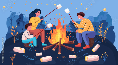 Family camping roasting marshmallows campfire night outdoors. Parents and child around fire with marshmallows forest background logs and plants