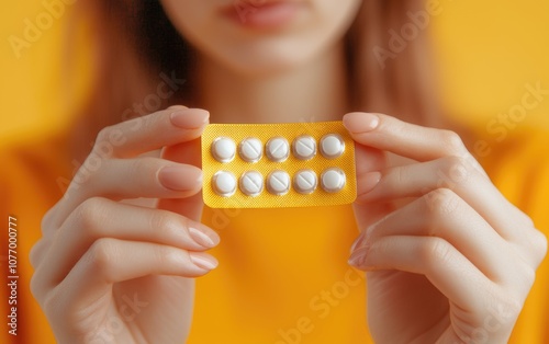 A woman taking birth control pills with a safety seal on the packaging, emphasizing the trust in contraceptive safety photo