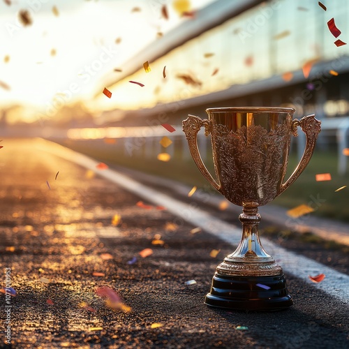 Close-up of a golden victory cup on a race track with falling confetti in the background, symbolizing achievement and celebration in the world of racing. photo