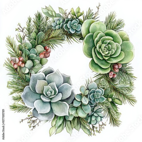 Luxury Floral Winter Wedding Wreath with Watercolor Ranunculus and Peony Bouquet. Vintage Botanical Illustration for Christmas Design