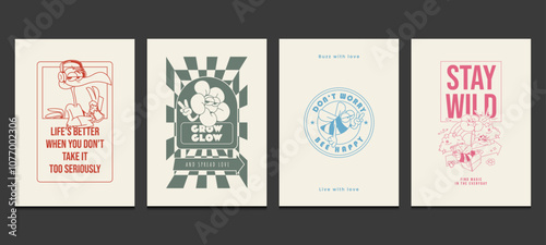 Set of retro 70s posters with a collection of funny cartoons, vector illustration 