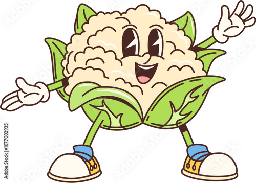 Cartoon groovy cauliflower cabbage character or funny vegetable, vector retro comic. Groovy cauliflower character with happy smile on silly face and funky quirky expression for vegetable emoji