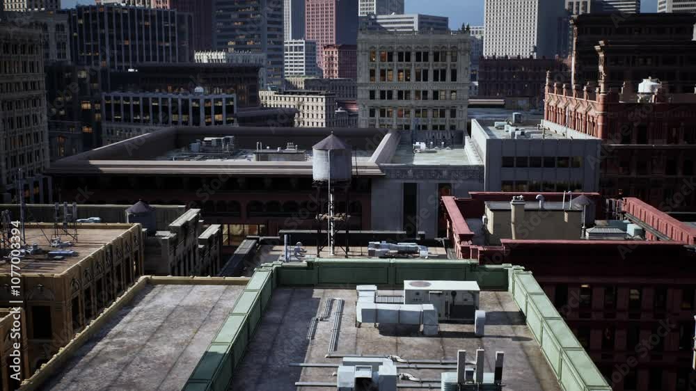 A detailed rooftop perspective reveals an array of buildings, a prominent water tower, and the bustling city skyline under clear skies. The scene captures the essence of urban architecture. A detailed rooftop perspective reveals an array of buildings, a prominent water tower, and the bustling city skyline under clear skies. The scene captures the essence of urban architecture.