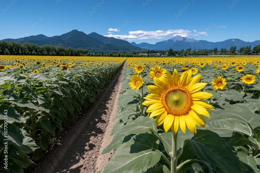Obraz premium Sunflower field bathed in warm sunlight, stretching as far as the eye can see