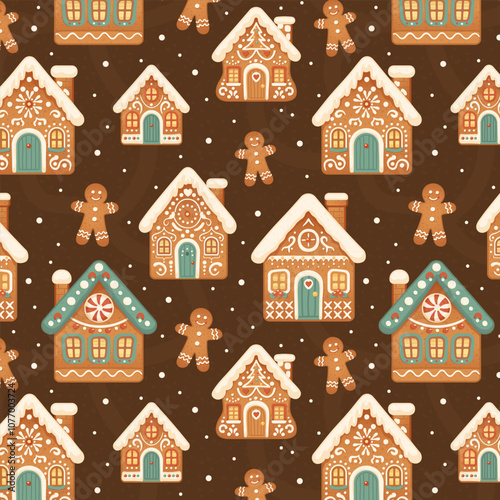 Gingerbread Houses Christmas Seamless Pattern.