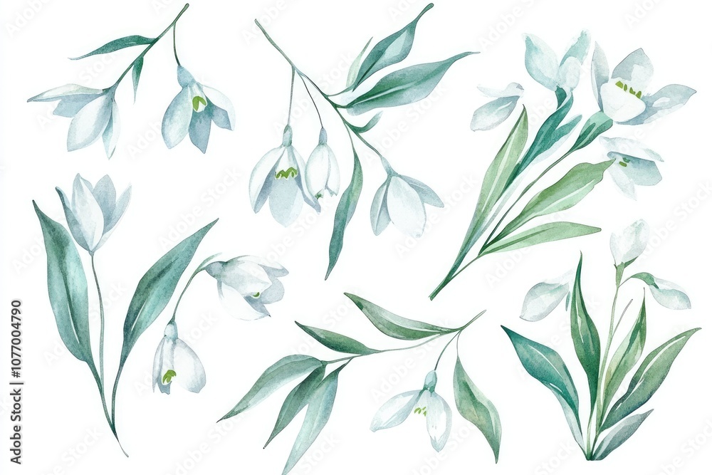 Fototapeta premium Watercolor Snowdrop Flowers Set. Hand-drawn illustration of Fresh Spring Blossoms on White Background