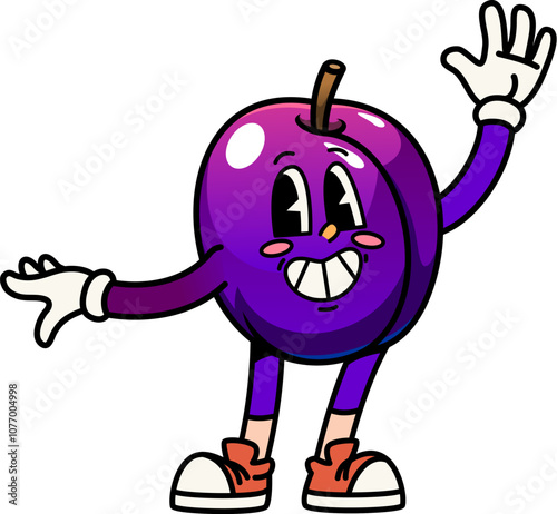 Cartoon groovy plum fruit character with a bright smile and playful expression. Isolated vector cheerful fruity damson personage evokes feelings of happiness, promotes healthy eating and vitamin foods