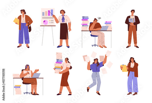 Business people performing office tasks vector illustration set