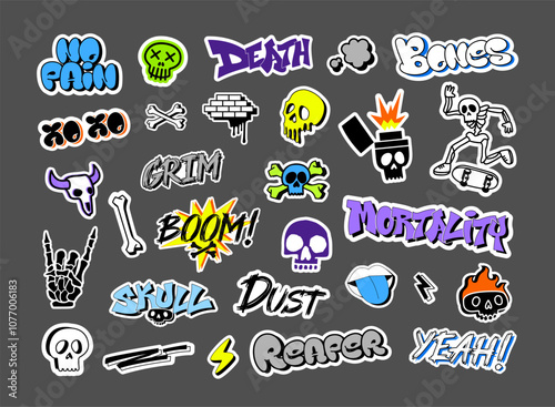 Graffiti skull stickers. Street art decals with skulls and bones, rebellious pop punk tattoo and hand drawn extreme urban style vector illustrations set.