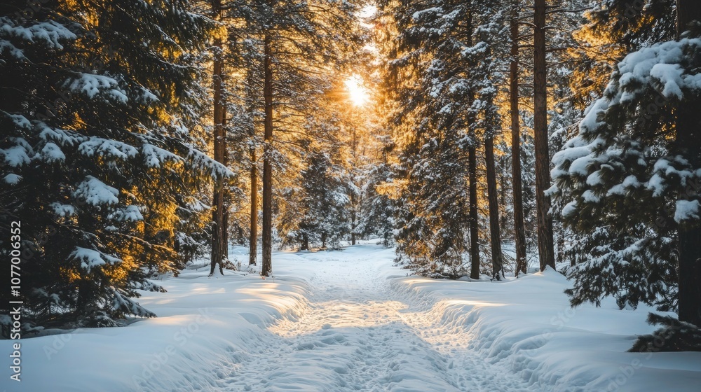 Obraz premium Serene Winter Pine Forest, a tranquil scene of a dense pine forest blanketed in fresh snow, highlighting the vibrant green trees against a pure white winter landscape