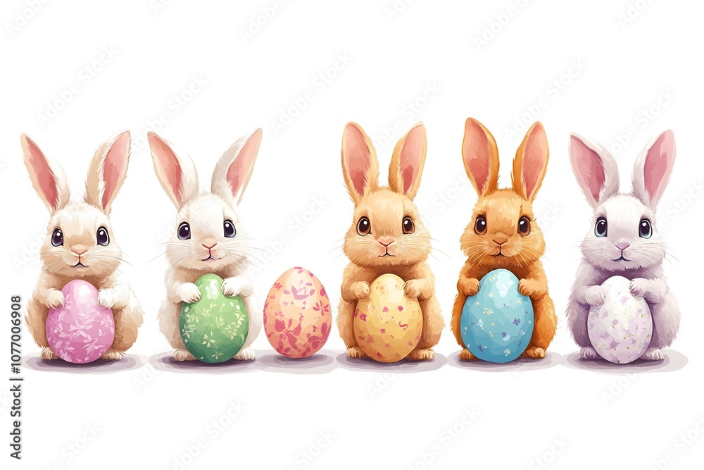Fototapeta premium Rabbit and easter eggs frame watercolor mammal animal plant Cartoon bunny elements Cute bunny footprint trail paws ears and Funny bunnies head muzzle easter pattern rabbits and bunny free vector
