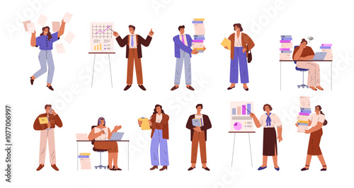 Vector office scene showing busy workers and excessive amount of paperwork on a white background
