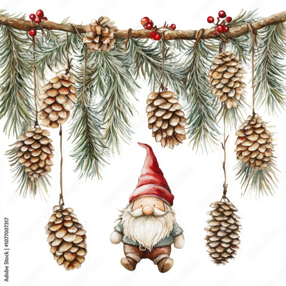 Fototapeta premium Christmas Garland Watercolor Collection with Scandinavian Gnome and Winter Decor
