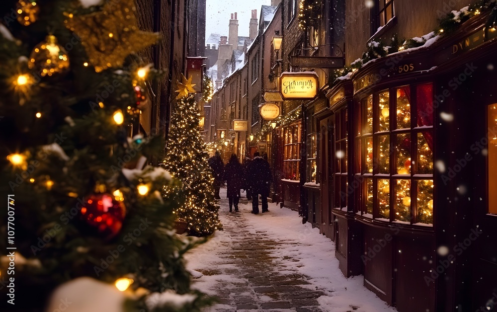 Fototapeta premium christmas decorations in a wizard magic world with snow, christmas trees and yellow bokeh lights in a tight alley