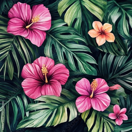 Exotic Tropical Botanical Wedding Invitation Template with Watercolor Leaf Illustrations