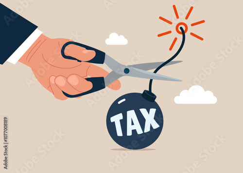 Hand holding scissors to cut tax bomb. Modern vector illustration in flat style