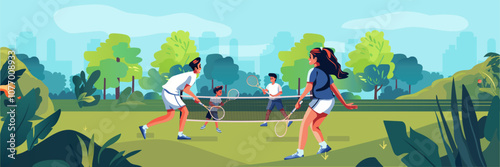 Family playing tennis in park vibrant scene with greenery trees skyline adults kids enjoying sports activity colorful nature background recreational fun