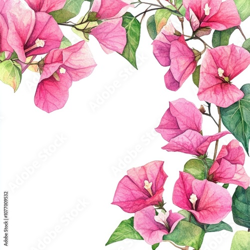 Pink Bougainvillea Watercolor Illustration with Floral Frame Overlay