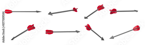 Bow arrows. Sharp point archery arrow with red fletching, arrowhead weapon pointer various 3D angles realistic isolated vector illustration collection.