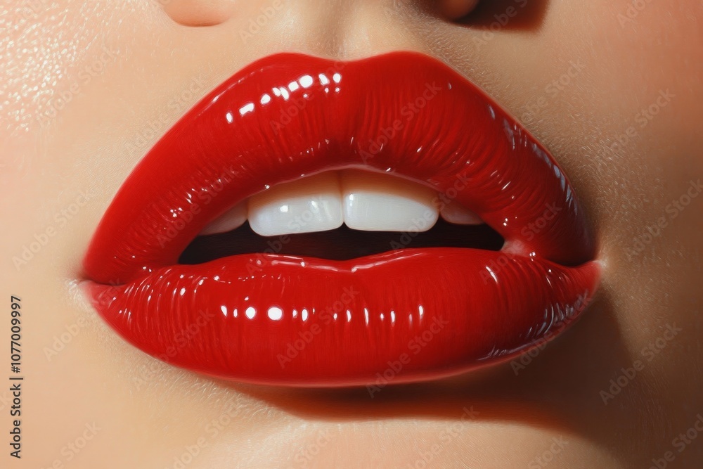 Obraz premium A hyper-realistic close-up of lips in a kiss, capturing fine details, textures, and soft lighting